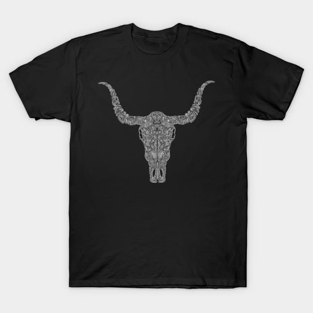 Paisley Bull Skull White T-Shirt by ChePanArt